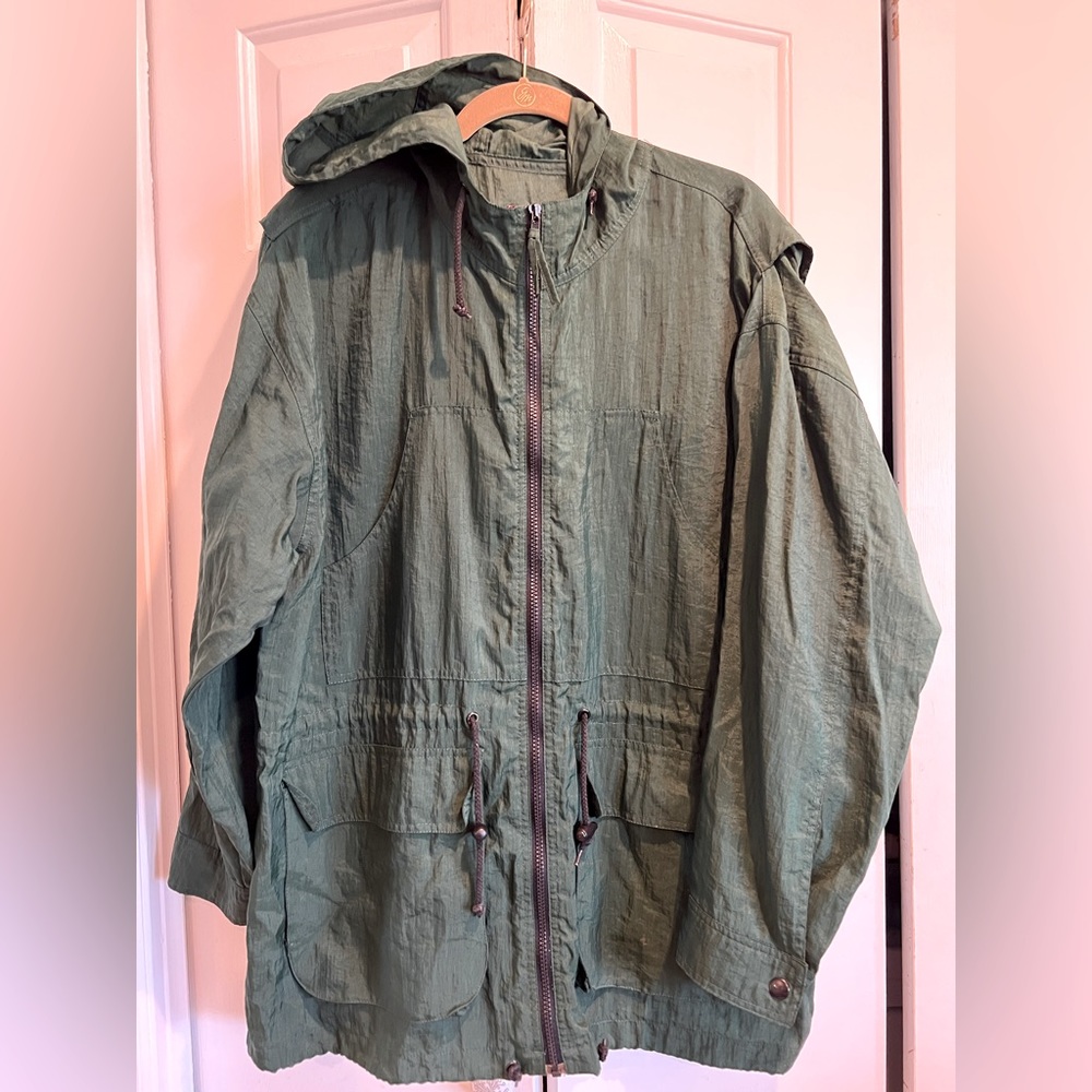 Lightweight Raincoat DENIM & CO/ Weather Jacket -Dk Green, Hood & Double Zippers